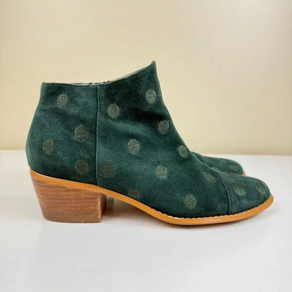 Anthropologie Polka Dot Hunter Green Suede Ankle Boots - Picture 3 of 11